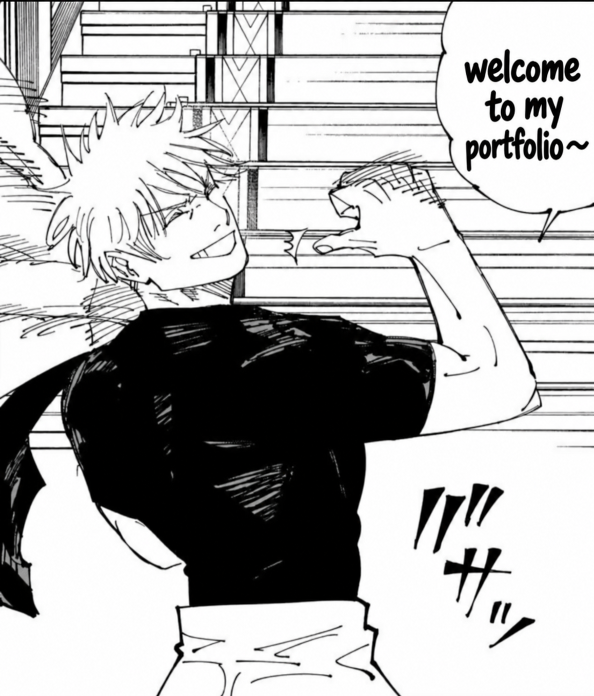 Black-and-white manga panel with a smiling character and a speech bubble saying welcome to my portfolio~